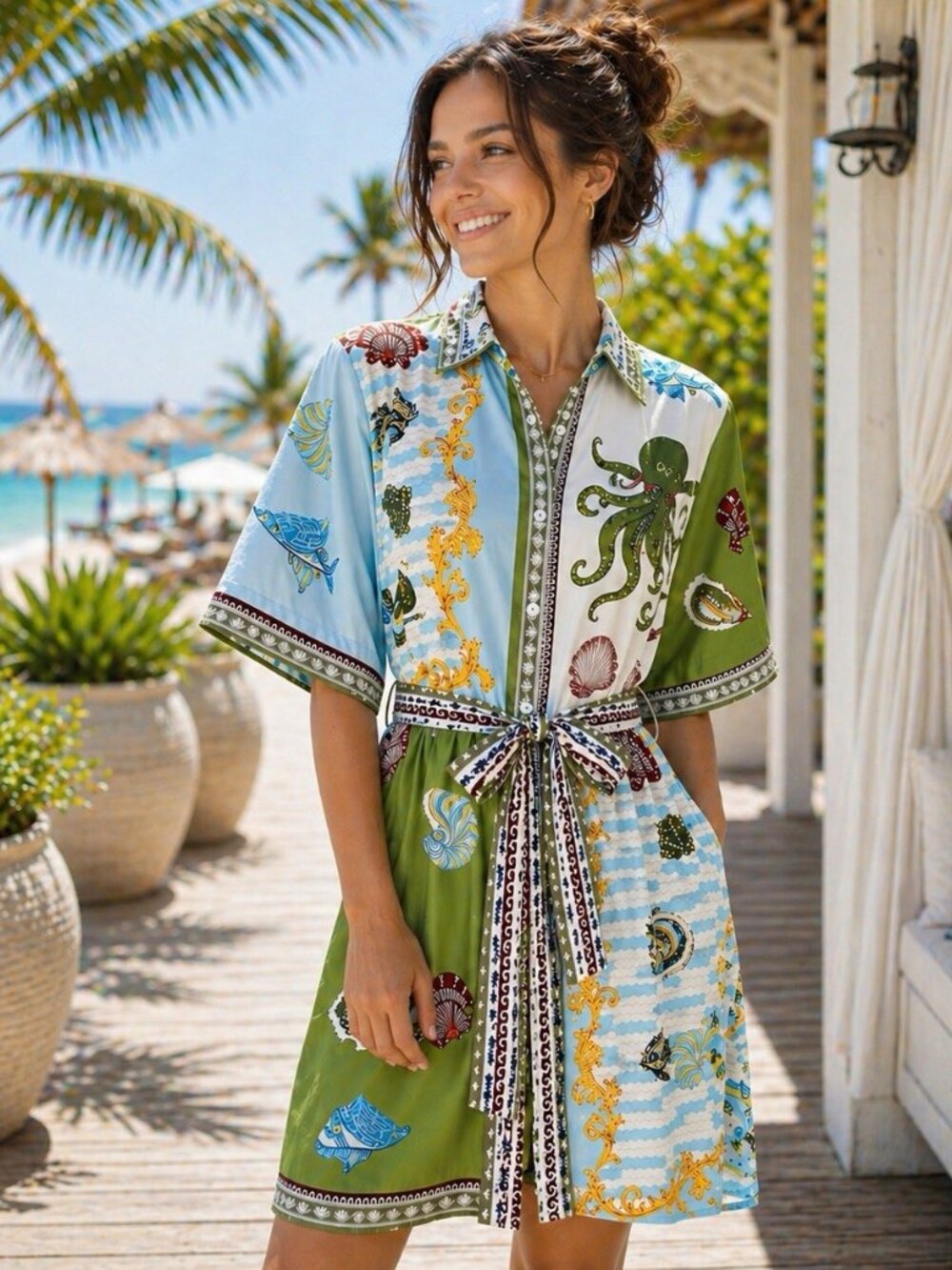 Seaside Shell Print Shirt Dress - Green & Light Blue